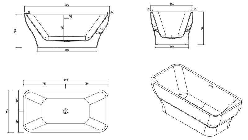 ✔️Акриловая ванна отдельностоящая BelBagno BB73-1500-750 купить за 651 200 тенге в Казахстане г. Астане, Алмате, Караганде