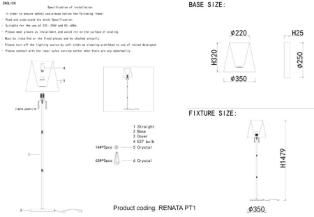 ✔️Торшер Crystal Lux RENATA PT1 GOLD купить за 84 100 тенге в Казахстане г. Астане, Алмате, Караганде