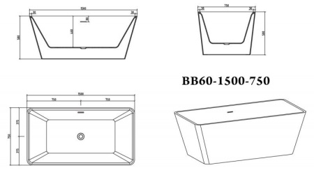 ✔️Акриловая ванна отдельностоящая BelBagno BB60-1500-750 купить за 677 000 тенге в Казахстане г. Астане, Алмате, Караганде