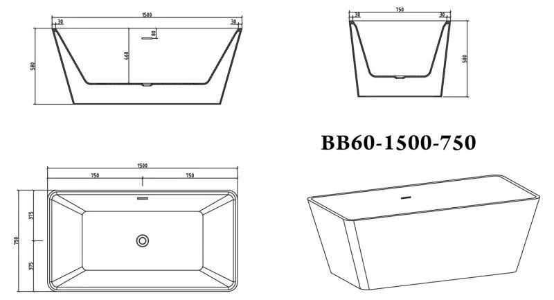 ✔️Акриловая ванна отдельностоящая BelBagno BB60-1500-750 купить за 677 000 тенге в Казахстане г. Астане, Алмате, Караганде